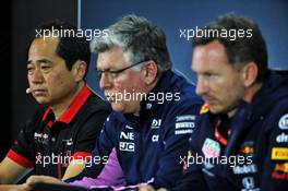 (L to R): Toyoharu Tanabe (JPN) Honda Racing F1 Technical Director in the FIA Press Conference with Otmar Szafnauer (USA) Racing Point F1 Team Principal and CEO and Christian Horner (GBR) Red Bull Racing Team Principal. 15.11.2019. Formula 1 World Championship, Rd 20, Brazilian Grand Prix, Sao Paulo, Brazil, Practice Day.
