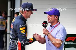 (L to R): Race winner Max Verstappen (NLD) Red Bull Racing with Rubens Barrichello (BRA) in parc ferme. 17.11.2019. Formula 1 World Championship, Rd 20, Brazilian Grand Prix, Sao Paulo, Brazil, Race Day.