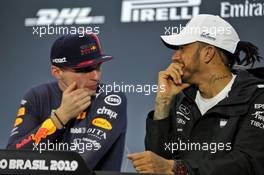 (L to R): Max Verstappen (NLD) Red Bull Racing and Lewis Hamilton (GBR) Mercedes AMG F1 in the post race FIA Press Conference. 17.11.2019. Formula 1 World Championship, Rd 20, Brazilian Grand Prix, Sao Paulo, Brazil, Race Day.