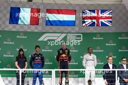 The podium (L to R): Hannah Schmitz (GBR) Red Bull Racing Senior Strategy Engineer; Pierre Gasly (FRA) Scuderia Toro Rosso, second; Max Verstappen (NLD) Red Bull Racing, race winner; Lewis Hamilton (GBR) Mercedes AMG F1, third. 17.11.2019. Formula 1 World Championship, Rd 20, Brazilian Grand Prix, Sao Paulo, Brazil, Race Day.