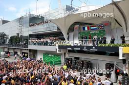 The podium (L to R): Hannah Schmitz (GBR) Red Bull Racing Senior Strategy Engineer; Pierre Gasly (FRA) Scuderia Toro Rosso, second; Max Verstappen (NLD) Red Bull Racing, race winner; Lewis Hamilton (GBR) Mercedes AMG F1, third. 17.11.2019. Formula 1 World Championship, Rd 20, Brazilian Grand Prix, Sao Paulo, Brazil, Race Day.