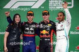1st place Max Verstappen (NLD) Red Bull Racing RB15, 2nd place Pierre Gasly (FRA) Scuderia Toro Rosso STR14 and 3rd place Lewis Hamilton (GBR) Mercedes AMG F1 W10. 17.11.2019. Formula 1 World Championship, Rd 20, Brazilian Grand Prix, Sao Paulo, Brazil, Race Day.