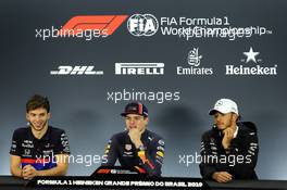 The post race FIA Press Conference (L to R): Pierre Gasly (FRA) Scuderia Toro Rosso, second; Max Verstappen (NLD) Red Bull Racing, race winner; Lewis Hamilton (GBR) Mercedes AMG F1, third. 17.11.2019. Formula 1 World Championship, Rd 20, Brazilian Grand Prix, Sao Paulo, Brazil, Race Day.