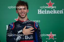 Pierre Gasly (FRA) Scuderia Toro Rosso celebrates his second position on the podium. 17.11.2019. Formula 1 World Championship, Rd 20, Brazilian Grand Prix, Sao Paulo, Brazil, Race Day.