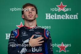 Pierre Gasly (FRA) Scuderia Toro Rosso celebrates his second position on the podium. 17.11.2019. Formula 1 World Championship, Rd 20, Brazilian Grand Prix, Sao Paulo, Brazil, Race Day.