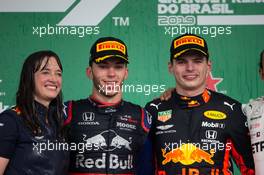 The podium (L to R): Hannah Schmitz (GBR) Red Bull Racing Senior Strategy Engineer; Pierre Gasly (FRA) Scuderia Toro Rosso, second; Max Verstappen (NLD) Red Bull Racing, race winner. 17.11.2019. Formula 1 World Championship, Rd 20, Brazilian Grand Prix, Sao Paulo, Brazil, Race Day.