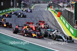 Lewis Hamilton (GBR) Mercedes AMG F1 W10 and Max Verstappen (NLD) Red Bull Racing RB15 at the Safety Car restart. 17.11.2019. Formula 1 World Championship, Rd 20, Brazilian Grand Prix, Sao Paulo, Brazil, Race Day.