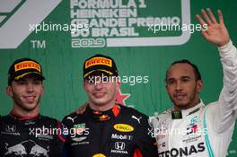 The podium (L to R): Pierre Gasly (FRA) Scuderia Toro Rosso, second; Max Verstappen (NLD) Red Bull Racing, race winner; Lewis Hamilton (GBR) Mercedes AMG F1, third. 17.11.2019. Formula 1 World Championship, Rd 20, Brazilian Grand Prix, Sao Paulo, Brazil, Race Day.