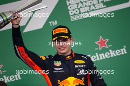Race winner Max Verstappen (NLD) Red Bull Racing celebrates on the podium. 17.11.2019. Formula 1 World Championship, Rd 20, Brazilian Grand Prix, Sao Paulo, Brazil, Race Day.