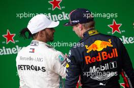 (L to R): Lewis Hamilton (GBR) Mercedes AMG F1 wio race winner Max Verstappen (NLD) Red Bull Racing in parc ferme. 17.11.2019. Formula 1 World Championship, Rd 20, Brazilian Grand Prix, Sao Paulo, Brazil, Race Day.