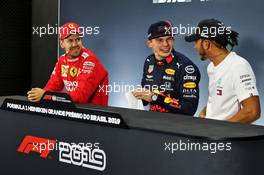 (L to R): Sebastian Vettel (GER) Ferrari; Max Verstappen (NLD) Red Bull Racing; and Lewis Hamilton (GBR) Mercedes AMG F1, in the post qualifying FIA Press Conference. 16.11.2019. Formula 1 World Championship, Rd 20, Brazilian Grand Prix, Sao Paulo, Brazil, Qualifying Day.