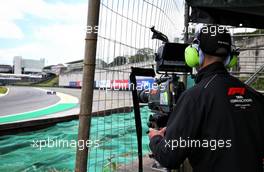 F1 Camera Operator trackside - Sergio Perez (MEX) Racing Point F1 Team RP19. 16.11.2019. Formula 1 World Championship, Rd 20, Brazilian Grand Prix, Sao Paulo, Brazil, Qualifying Day.