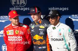 Qualifying top three in parc ferme (L to R): Sebastian Vettel (GER) Ferrari, second; Max Verstappen (NLD) Red Bull Racing, pole position; Lewis Hamilton (GBR) Mercedes AMG F1, third. 16.11.2019. Formula 1 World Championship, Rd 20, Brazilian Grand Prix, Sao Paulo, Brazil, Qualifying Day.