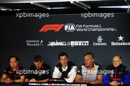 The FIA Press Conference (L to R): Toyoharu Tanabe (JPN) Honda Racing F1 Technical Director; Guenther Steiner (ITA) Haas F1 Team Prinicipal; Toto Wolff (GER) Mercedes AMG F1 Shareholder and Executive Director; Mario Isola (ITA) Pirelli Racing Manager; Franz Tost (AUT) Scuderia Toro Rosso Team Principal. 07.06.2019. Formula 1 World Championship, Rd 5, Spanish Grand Prix, Barcelona, Spain, Practice Day.