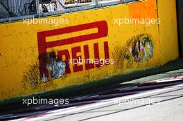 Pirelli branded wall marked with tyre scrapes. 07.06.2019. Formula 1 World Championship, Rd 5, Spanish Grand Prix, Barcelona, Spain, Practice Day.