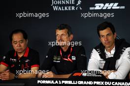 The FIA Press Conference (L to R): Toyoharu Tanabe (JPN) Honda Racing F1 Technical Director; Guenther Steiner (ITA) Haas F1 Team Prinicipal; Toto Wolff (GER) Mercedes AMG F1 Shareholder and Executive Director. 07.06.2019. Formula 1 World Championship, Rd 5, Spanish Grand Prix, Barcelona, Spain, Practice Day.