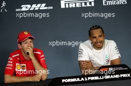 (L to R): Sebastian Vettel (GER) Ferrari and Lewis Hamilton (GBR) Mercedes AMG F1 in the post race FIA Press Conference. 09.06.2019. Formula 1 World Championship, Rd 7, Canadian Grand Prix, Montreal, Canada, Race Day.