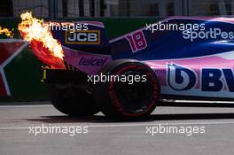 Fire from the Racing Point F1 Team RP19 of Lance Stroll (CDN). 08.06.2019. Formula 1 World Championship, Rd 7, Canadian Grand Prix, Montreal, Canada, Qualifying Day.