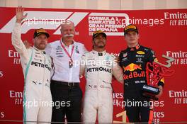 1st place Lewis Hamilton (GBR) Mercedes AMG F1 W10, 2nd Valtteri Bottas (FIN) Mercedes AMG F1, 3rd place Max Verstappen (NLD) Red Bull Racing RB15 and Dr. Dieter Zetsche (GER) as Daimler AG CEO. 12.05.2019. Formula 1 World Championship, Rd 5, Spanish Grand Prix, Barcelona, Spain, Race Day.