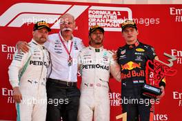 The podium (L to R): Valtteri Bottas (FIN) Mercedes AMG F1, second; Dr. Dieter Zetsche (GER) Daimler AG CEO; Lewis Hamilton (GBR) Mercedes AMG F1, race winner; Max Verstappen (NLD) Red Bull Racing, third.. 12.05.2019. Formula 1 World Championship, Rd 5, Spanish Grand Prix, Barcelona, Spain, Race Day.