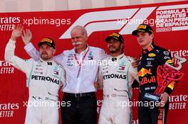 The podium (L to R): Valtteri Bottas (FIN) Mercedes AMG F1, second; Dr. Dieter Zetsche (GER) Daimler AG CEO; Lewis Hamilton (GBR) Mercedes AMG F1, race winner; Max Verstappen (NLD) Red Bull Racing, third. 12.05.2019. Formula 1 World Championship, Rd 5, Spanish Grand Prix, Barcelona, Spain, Race Day.
