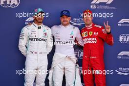 Qualifying top three in parc ferme (L to R): Lewis Hamilton (GBR) Mercedes AMG F1, second; Valtteri Bottas (FIN) Mercedes AMG F1, pole position; Sebastian Vettel (GER) Ferrari, third. 11.05.2019. Formula 1 World Championship, Rd 5, Spanish Grand Prix, Barcelona, Spain, Qualifying Day.