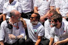 Lewis Hamilton (GBR) Mercedes AMG F1 with the team as they celebrate the last Grand Prix for Dr. Dieter Zetsche (GER) as Daimler AG CEO. 12.05.2019. Formula 1 World Championship, Rd 5, Spanish Grand Prix, Barcelona, Spain, Race Day.