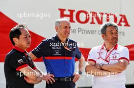 (L to R): Toyoharu Tanabe (JPN) Honda Racing F1 Technical Director with Franz Tost (AUT) Scuderia Toro Rosso Team Principal and Masashi Yamamoto (JPN) Honda Racing F1 Managing Director. 09.05.2019. Formula 1 World Championship, Rd 5, Spanish Grand Prix, Barcelona, Spain, Preparation Day.