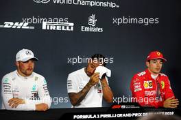 The post qualifying FIA Press Conference (L to R): Valtteri Bottas (FIN) Mercedes AMG F1, second; Lewis Hamilton (GBR) Mercedes AMG F1, pole position; Charles Leclerc (MON) Ferrari, third. 22.06.2019. Formula 1 World Championship, Rd 8, French Grand Prix, Paul Ricard, France, Qualifying Day.