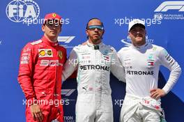 Qualifying top three in parc ferme (L to R): Valtteri Bottas (FIN) Mercedes AMG F1, second; Lewis Hamilton (GBR) Mercedes AMG F1, pole position; Charles Leclerc (MON) Ferrari, third. 22.06.2019. Formula 1 World Championship, Rd 8, French Grand Prix, Paul Ricard, France, Qualifying Day.