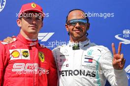 Lewis Hamilton (GBR) Mercedes AMG F1 celebrates his pole position in qualifying parc ferme with third placed Charles Leclerc (MON) Ferrari (Left). 22.06.2019. Formula 1 World Championship, Rd 8, French Grand Prix, Paul Ricard, France, Qualifying Day.