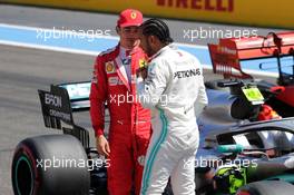 Pole sitter Lewis Hamilton (GBR) Mercedes AMG F1 in qualifying parc ferme with third placed Charles Leclerc (MON) Ferrari. 22.06.2019. Formula 1 World Championship, Rd 8, French Grand Prix, Paul Ricard, France, Qualifying Day.