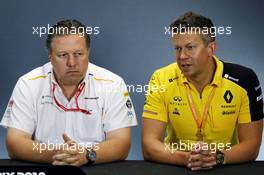 (L to R): Zak Brown (USA) McLaren Executive Director and Marcin Budkowski (POL) Renault F1 Team Executive Director in the FIA Press Conference. 12.07.2019. Formula 1 World Championship, Rd 10, British Grand Prix, Silverstone, England, Practice Day.