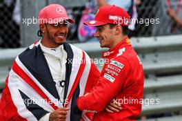 Race winner Lewis Hamilton (GBR) Mercedes AMG F1 in parc ferme with Charles Leclerc (MON) Ferrari. 14.07.2019. Formula 1 World Championship, Rd 10, British Grand Prix, Silverstone, England, Race Day.