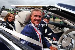 David Coulthard (GBR) Red Bull Racing and Scuderia Toro Advisor / Channel 4 F1 Commentator with Frank Williams (GBR) Williams Team Owner and Claire Williams (GBR) Williams Racing Deputy Team Principal on the drivers parade. 14.07.2019. Formula 1 World Championship, Rd 10, British Grand Prix, Silverstone, England, Race Day.