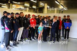 Jean Todt (FRA) FIA President with Justin and Charlotte Whiting (GBR), Ross Brawn (GBR) Managing Director, Motor Sports; Chase Carey (USA) Formula One Group Chairman; and the drivers. 14.07.2019. Formula 1 World Championship, Rd 10, British Grand Prix, Silverstone, England, Race Day.