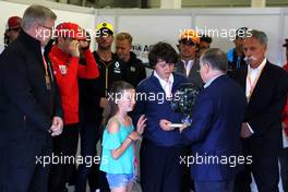 Jean Todt (FRA) FIA President with Justin and Charlotte Whiting (GBR). 14.07.2019. Formula 1 World Championship, Rd 10, British Grand Prix, Silverstone, England, Race Day.