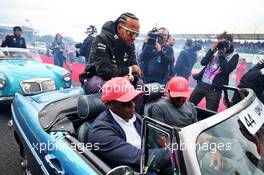 Lewis Hamilton (GBR) Mercedes AMG F1 with father Anthony Hamilton (GBR) and brother Nicolas Hamilton (GBR) on the drivers parade. 14.07.2019. Formula 1 World Championship, Rd 10, British Grand Prix, Silverstone, England, Race Day.