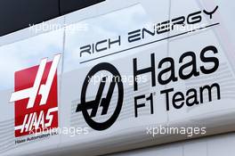 Haas F1 Team logo with Rich Energy branding. 11.07.2019. Formula 1 World Championship, Rd 10, British Grand Prix, Silverstone, England, Preparation Day.