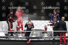 The podium (L to R): Sebastian Vettel (GER) Ferrari, second; Max Verstappen (NLD) Red Bull Racing, race winner; Daniil Kvyat (RUS) Scuderia Toro Rosso, third. 28.07.2019. Formula 1 World Championship, Rd 11, German Grand Prix, Hockenheim, Germany, Race Day.
