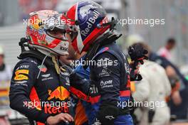 (L to R): Race winner Max Verstappen (NLD) Red Bull Racing celebrates in parc ferme with third placed Daniil Kvyat (RUS) Scuderia Toro Rosso. 28.07.2019. Formula 1 World Championship, Rd 11, German Grand Prix, Hockenheim, Germany, Race Day.