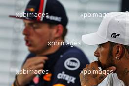 Lewis Hamilton (GBR) Mercedes AMG F1 and Max Verstappen (NLD) Red Bull Racing in the post qualifying FIA Press Conference. 27.07.2019. Formula 1 World Championship, Rd 11, German Grand Prix, Hockenheim, Germany, Qualifying Day.