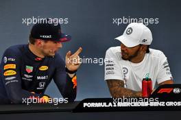 (L to R): Max Verstappen (NLD) Red Bull Racing and Lewis Hamilton (GBR) Mercedes AMG F1 in the post qualifying FIA Press Conference. 27.07.2019. Formula 1 World Championship, Rd 11, German Grand Prix, Hockenheim, Germany, Qualifying Day.