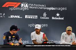 Qualifying top three in the FIA Press Conference (L to R): Max Verstappen (NLD) Red Bull Racing, second; Lewis Hamilton (GBR) Mercedes AMG F1, pole position; Valtteri Bottas (FIN) Mercedes AMG F1, third. 27.07.2019. Formula 1 World Championship, Rd 11, German Grand Prix, Hockenheim, Germany, Qualifying Day.