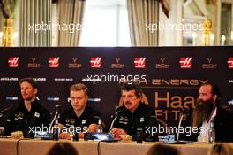 (L to R): Romain Grosjean (FRA) Haas F1 Team; Kevin Magnussen (DEN) Haas F1 Team; Guenther Steiner (ITA) Haas F1 Team Prinicipal; William Storey (GBR) Rich Energy CEO. 27.02.2019. Haas F1 Team Livery Unveil, The Royal Automobile Club, London, England.