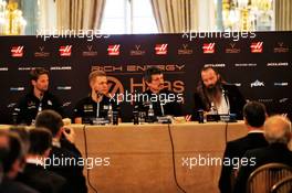 (L to R): Romain Grosjean (FRA) Haas F1 Team; Kevin Magnussen (DEN) Haas F1 Team; Guenther Steiner (ITA) Haas F1 Team Prinicipal; William Storey (GBR) Rich Energy CEO. 27.02.2019. Haas F1 Team Livery Unveil, The Royal Automobile Club, London, England.