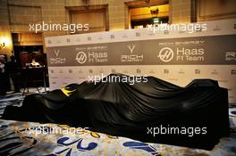 The new livery on the Haas VF-18 awaits its unveiling. 27.02.2019. Haas F1 Team Livery Unveil, The Royal Automobile Club, London, England.
