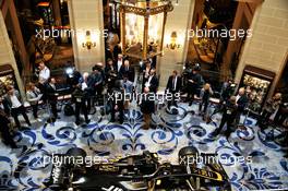 Romain Grosjean (FRA) Haas F1 Team; Guenther Steiner (ITA) Haas F1 Team Prinicipal; and Kevin Magnussen (DEN) Haas F1 Team, with the media. 27.02.2019. Haas F1 Team Livery Unveil, The Royal Automobile Club, London, England.