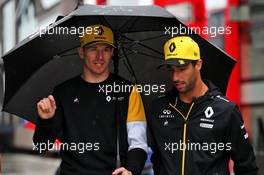 (L to R): Nico Hulkenberg (GER) Renault F1 Team with team mate Daniel Ricciardo (AUS) Renault F1 Team. 02.08.2019. Formula 1 World Championship, Rd 12, Hungarian Grand Prix, Budapest, Hungary, Practice Day.