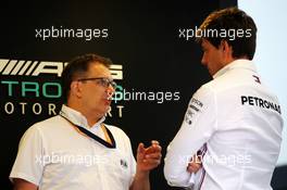 (L to R): Nicholas Tombazis (GRE) FIA Head of Single-Seater Technical Matters with Toto Wolff (GER) Mercedes AMG F1 Shareholder and Executive Director. 02.08.2019. Formula 1 World Championship, Rd 12, Hungarian Grand Prix, Budapest, Hungary, Practice Day.